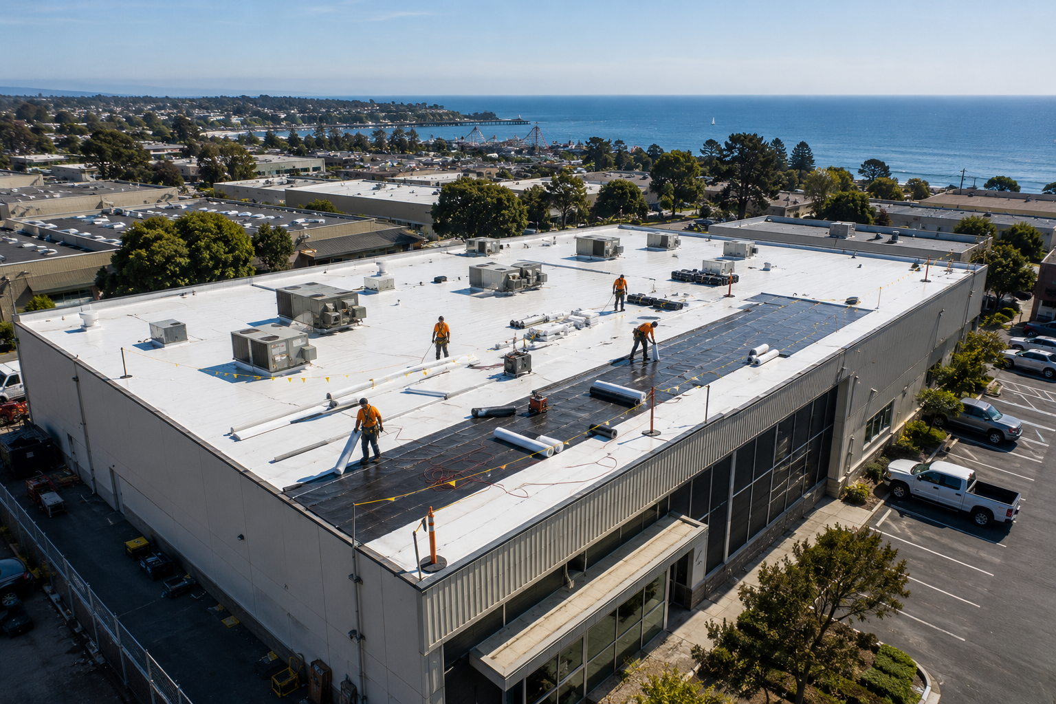 Cal Coast Roofing completing a commercial roof installation in Santa Cruz County