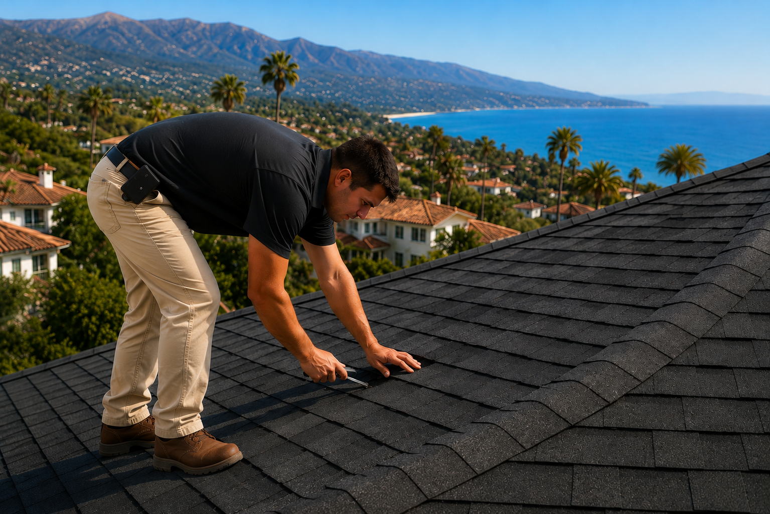 Cal Coast Roofing inspector assessing a residential roof in Santa Cruz County